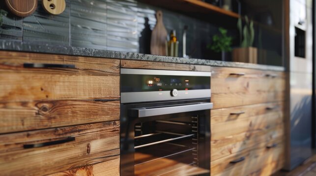 kitchen with wooden furniture and built-in oven generative ai