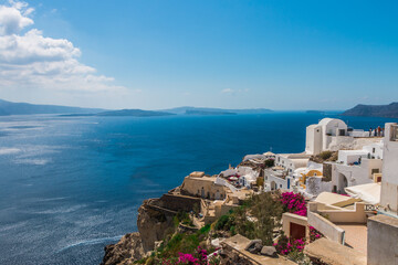 Beautiful views on the island of Santorini. Greece. Beautiful landscape. Tourists destination  - obrazy, fototapety, plakaty