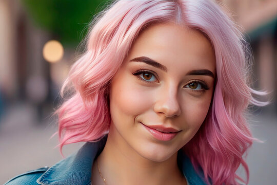 Young beautiful teenager hipster girl with pink hair, blurry city street in the background.