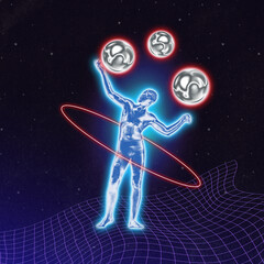 Poster. Modern aesthetic artwork. Neon glowing, silver human figure playing with cosmic planets...