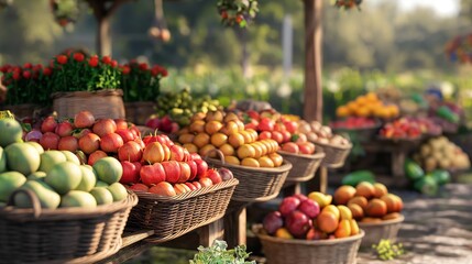 An inviting farmers market stand overflowing with organic fruits and vegetables, baskets of freshly laid eggs, and homemade preserves. 