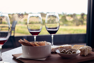 Three glasses of red wine and platter of antipasto with cheese, crackers and olives  on wooden table with vineyard  background 
