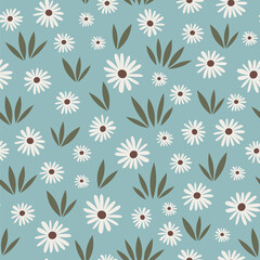 cute hand drawn colorful seamless vector pattern illustration with daisy flowers and grass on pastel blue background	 - 742807266