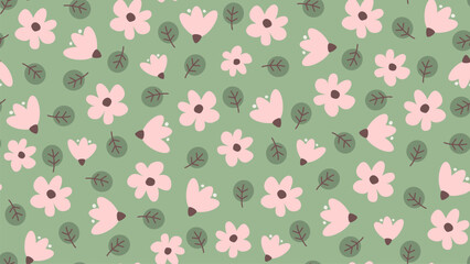cute abstract simple seamless vector pattern background illustration with pink daisy flowers and green rounded leaves - 742807295