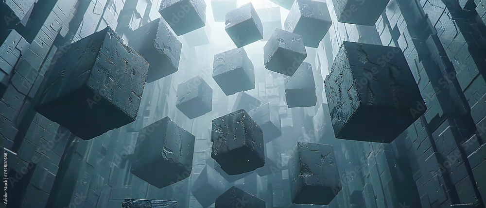 Aufkleber abstract geometric chaos: floating cubes in a futuristic and complex digital space