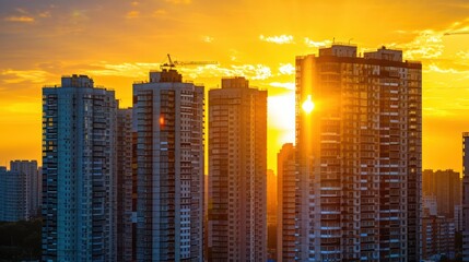 Construction of new residential high-rise buildings. Against the background of a yellow sunset sky, crane, architecture, industrial, development, tower, gen AI