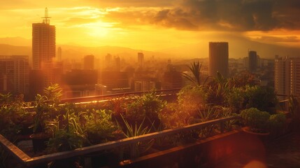 An urban rooftop garden bathed in golden sunset light, with cityscape in the background, highlighting urban agriculture and local food production. 8k
