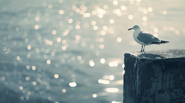 Seagull standing on a stone in front of the city lights.