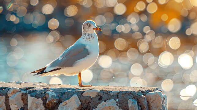 Seagull standing on a stone in front of the city lights.