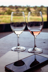 glass of white wine and glass of rose wine on wooden table with vineyards as background