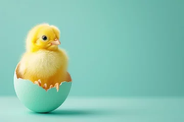 Fotobehang Adorable Yellow Chick Perched in Half an Eggshell Against a Soft Teal Background © photolas