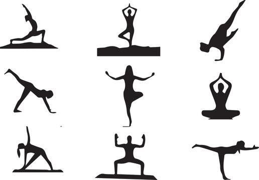 Yoga silhouettes various women's sports exercising