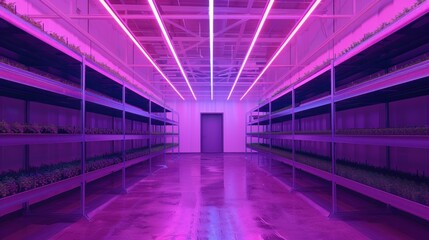 Stands with green plants. Hydroponics system. Agricultural technology. Vertical farm of organic plants under artificial pink LED light.