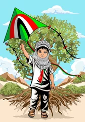 Wall murals Draw Child from Gaza, little Boy with Keffiyeh and holding a flying kite symbol of free Palestine illustration 