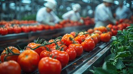 Operators sort fresh, ripe tomatoes on a conveyor belt. People in special clothing and gloves monitor and clean the environmentally green vegetables. Agricultural technology.