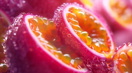 Close-up of passion fruit seeds, emphasizing their vibrant color and juicy texture. 8k - obrazy, fototapety, plakaty