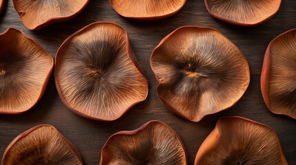 Close-up of peach pits showing their unique textures, arranged on a rustic wood background. 8k