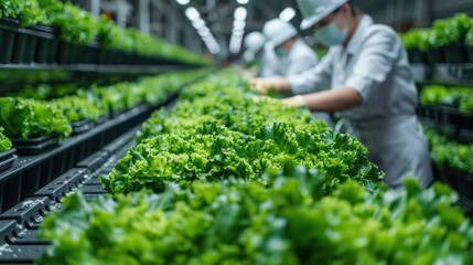 People in special clothing and gloves monitor and clean the environmentally green vegetables. Operators sort fresh salad leaves on a conveyor belt. Agricultural technology.