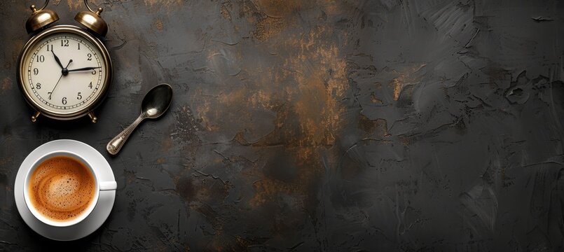 Classic alarm clock and coffee cup on dark background with ample space for text, vintage theme