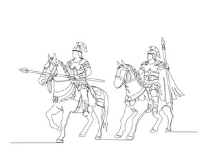 Fototapeta na wymiar Continuous one line drawing of roman knight ridding horse and holding spear. Spartan riding horse and holding spear single outline vector illustration. Editable stroke.