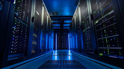 Modern server room, digital data storage, black and blue colors - obrazy, fototapety, plakaty
