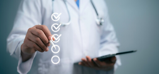 Check list concept.Medical worker with online checklist survey, filling out digital form checklist,...