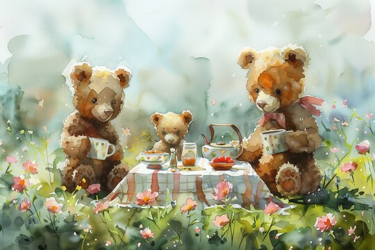 Toy bear family have a meal on sunny flower lawn. Watercolor painting of mother and father bears with their cub.
