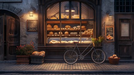 scene of a quaint, vintage bakery located on a cobblestone street in the early morning. 