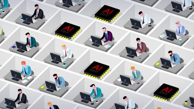 Artificial intelligence replacing simple office work business style different men. Office employees transforming to AI red chip processors. Characters and circuits in cubicles.
