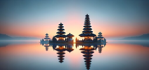 Scene of a temple in bali at sunset for nyepi day.  - obrazy, fototapety, plakaty