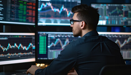 Fototapeta premium businessman working on multiple screens