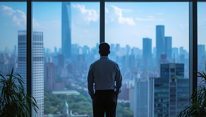 A reflective businessman is watching the city skyline from his high-rise office window - contemplating future business moves - wide format - obrazy, fototapety, plakaty
