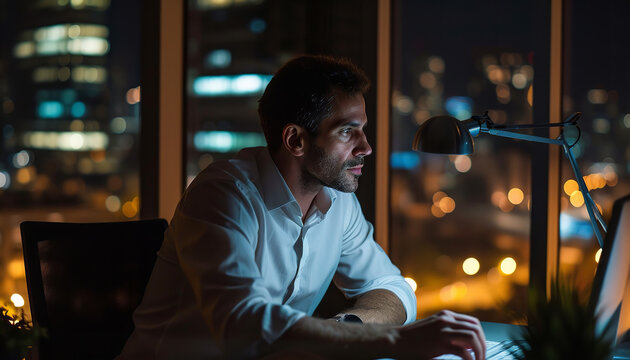 A Businessman Is Working Late At His Office Desk - Under A Single Desk Lamp - Focused On Complex Spreadsheets - Wide Format