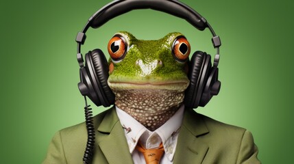 Anthropomorphic frog in business suit pretending to work in corporate setting, plain wall background