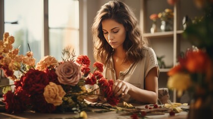 Woman Arranging Flowers in Vase on Table - obrazy, fototapety, plakaty