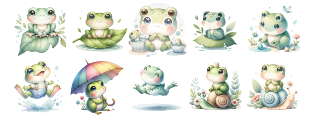 Watercolor cute animals on white background.