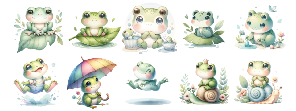 Watercolor cute animals on white background.