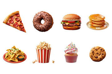 set of miniature food isolated on transparent background, 3d food set, miniature of pizza, donut, burger, pancake, nacho, popcorn, cupcake, cookie, set of dessert isolated on white background