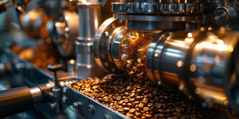 Selective focus picture with noise effect of small roasting machine roasted coffee beans