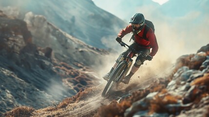 Fototapeta premium The biker's focus and the dynamic surroundings create a vivid, action-packed scene, embodying the spirit of extreme sports adventure. 8k