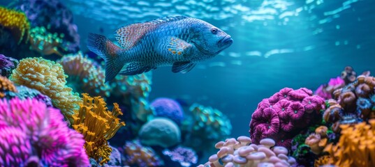 Vibrant wrasse fish gliding through colorful corals in a captivating saltwater aquarium environment