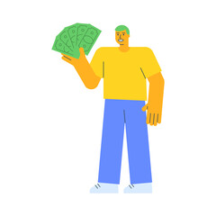 Young guy holding five bills and smiling