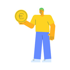 Young guy holding coin with euro sign and smiling