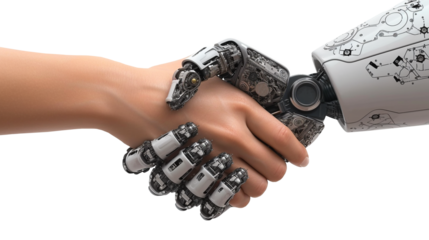 A human and a robot are shaking hands on transparent background.