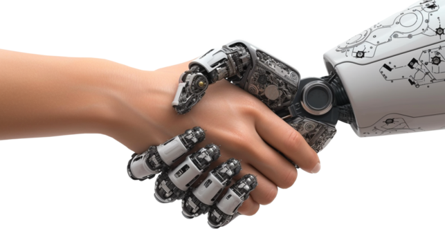 A human and a robot are shaking hands on transparent background.
