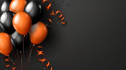Black friday sale ad with orange and black balloons on dark background, space for text
