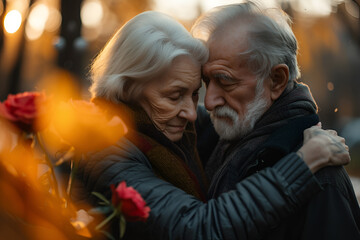 Funeral, graveyard and senior couple hug for comfort, empathy and support at memorial service. Depression, grief and sad man and woman embrace with flower for goodbye, mourning and burial for death - obrazy, fototapety, plakaty