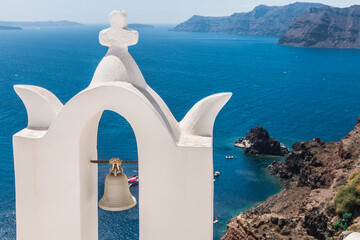 view of the church and the Aegean sea on the island of Santorini in Greece	
