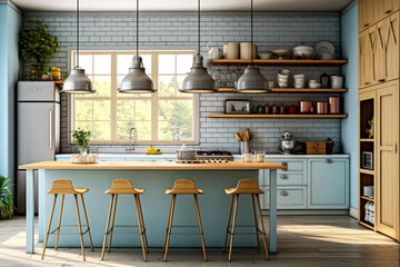 A chic and trendy kitchen recently renovated in a refreshing light blue hue, showcasing modern sophistication and inviting ambiance for culinary creativity.