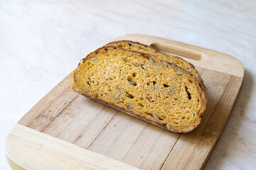 Pumpkin Bread made with Milk, Cinnamon, Honey and pumpkin seeds.